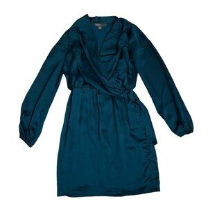 Donna Ricco women's dress 4 dark teal blue green satin faux wrap long sleeve